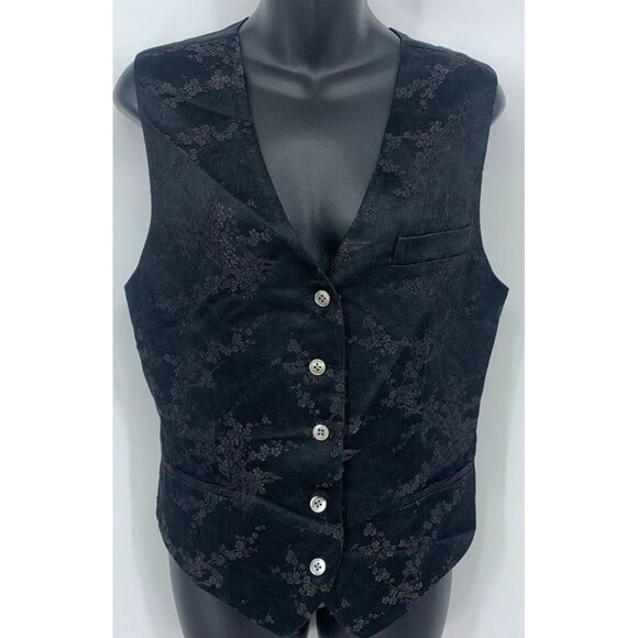 Dkny Jackets & Blazers - DKNY Women Vest Size 12 Black Floral Sleeveless Button Front Tie Vintage Silk